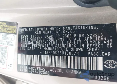 2005 Toyota Camry Le из США, поврежденный, VIN 4T1BE30K25U100576